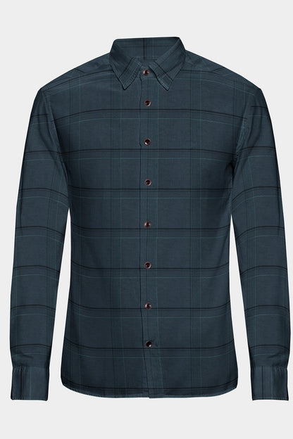 Dark Slate Gray with Black and Light Turquoise Blue Plaid Men's Cotton Shirt