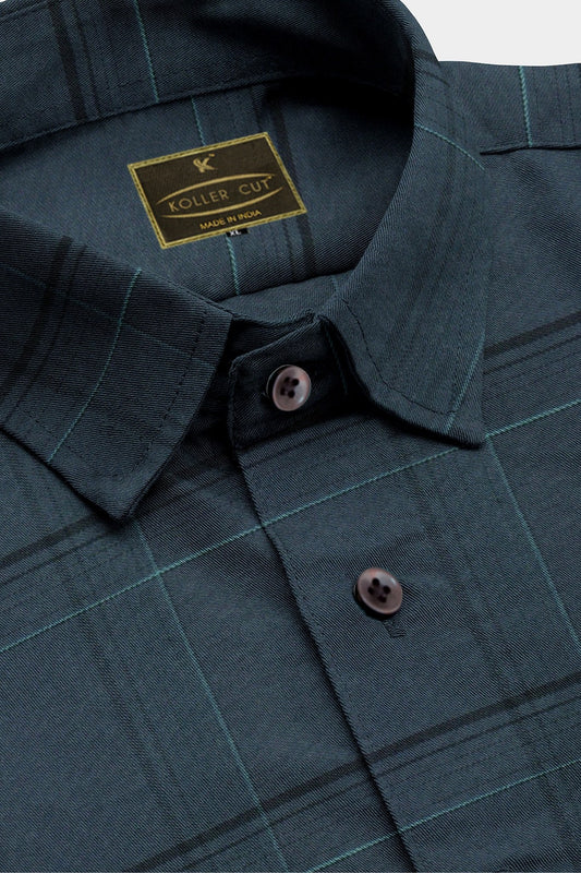 Dark Slate Gray with Black and Light Turquoise Blue Plaid Men's Cotton Shirt