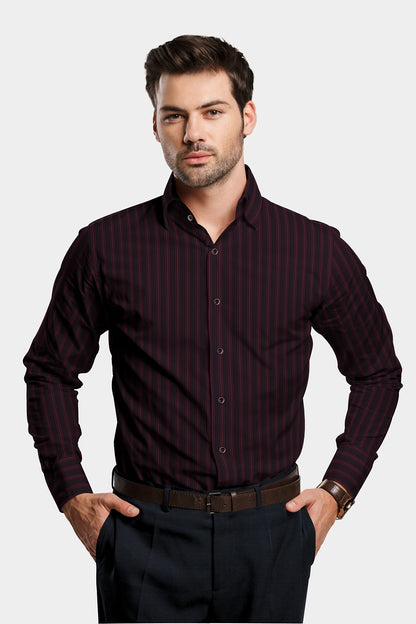 Black with Garnet Red Multitrack Stripes Cotton Shirt
