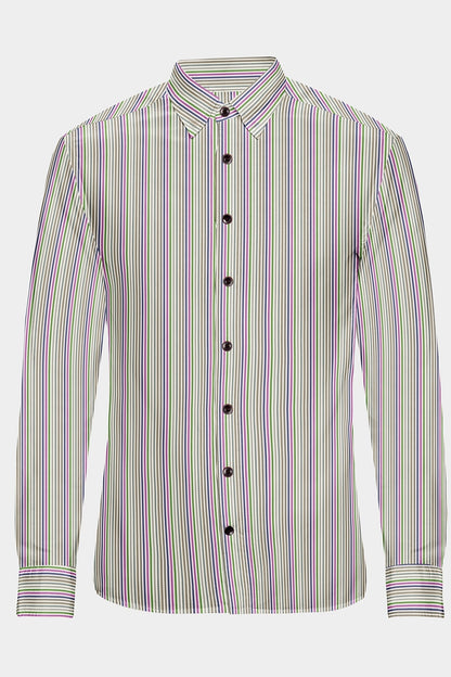 White with Magenta Pink and Denim Blue Multicolored Stripes Cotton Shirt