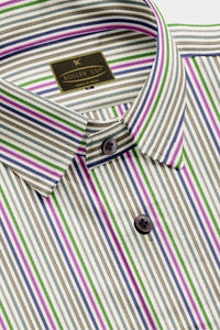 White with Magenta Pink and Denim Blue Multicolored Stripes Cotton Shirt