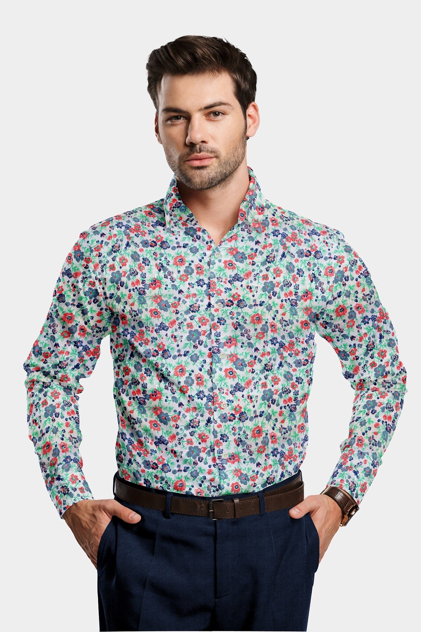 White Multicolored Floral Printed Cotton Shirt
