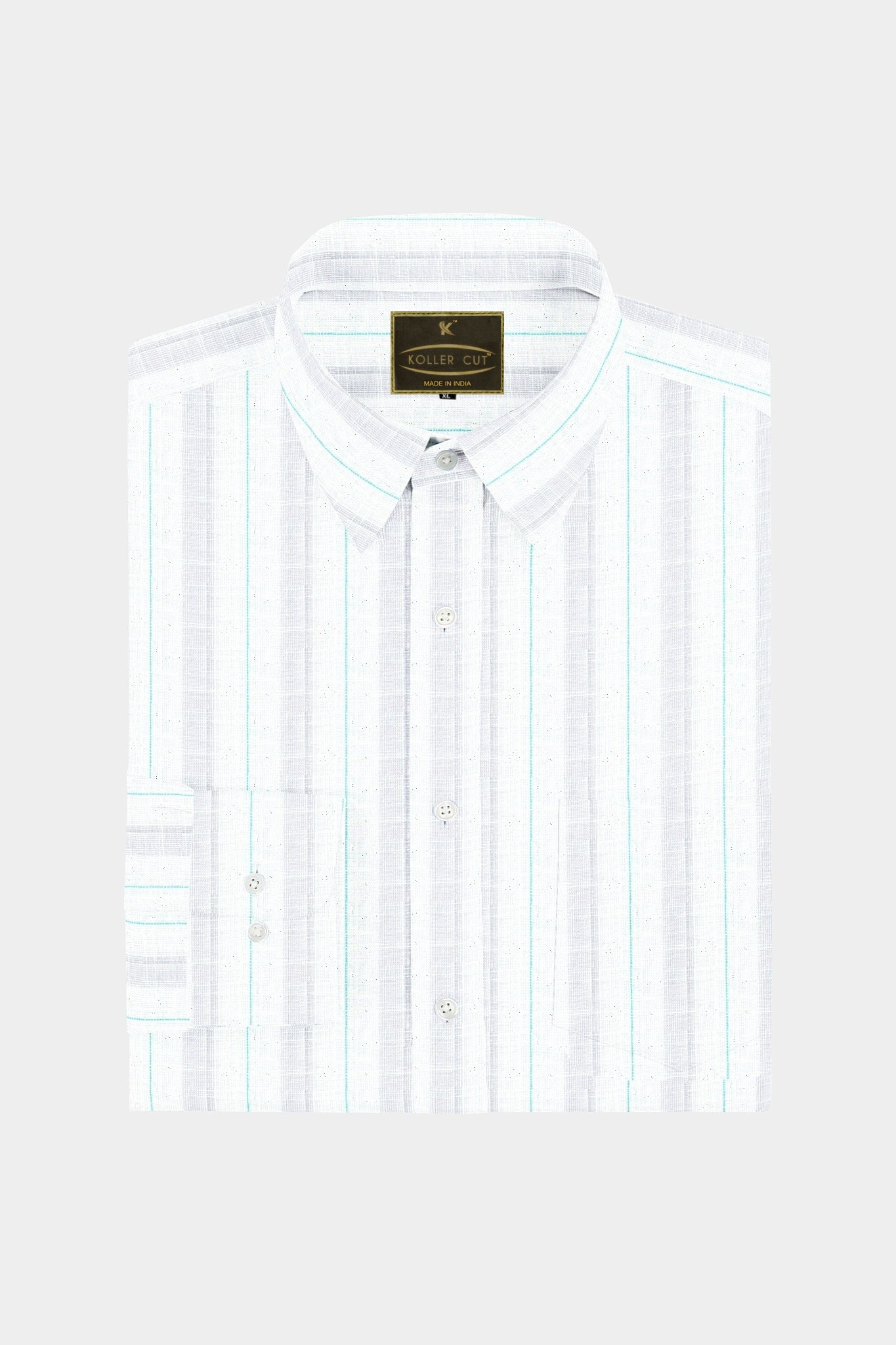 White with Turquoise and Grey Wide Stripes Linen Shirt