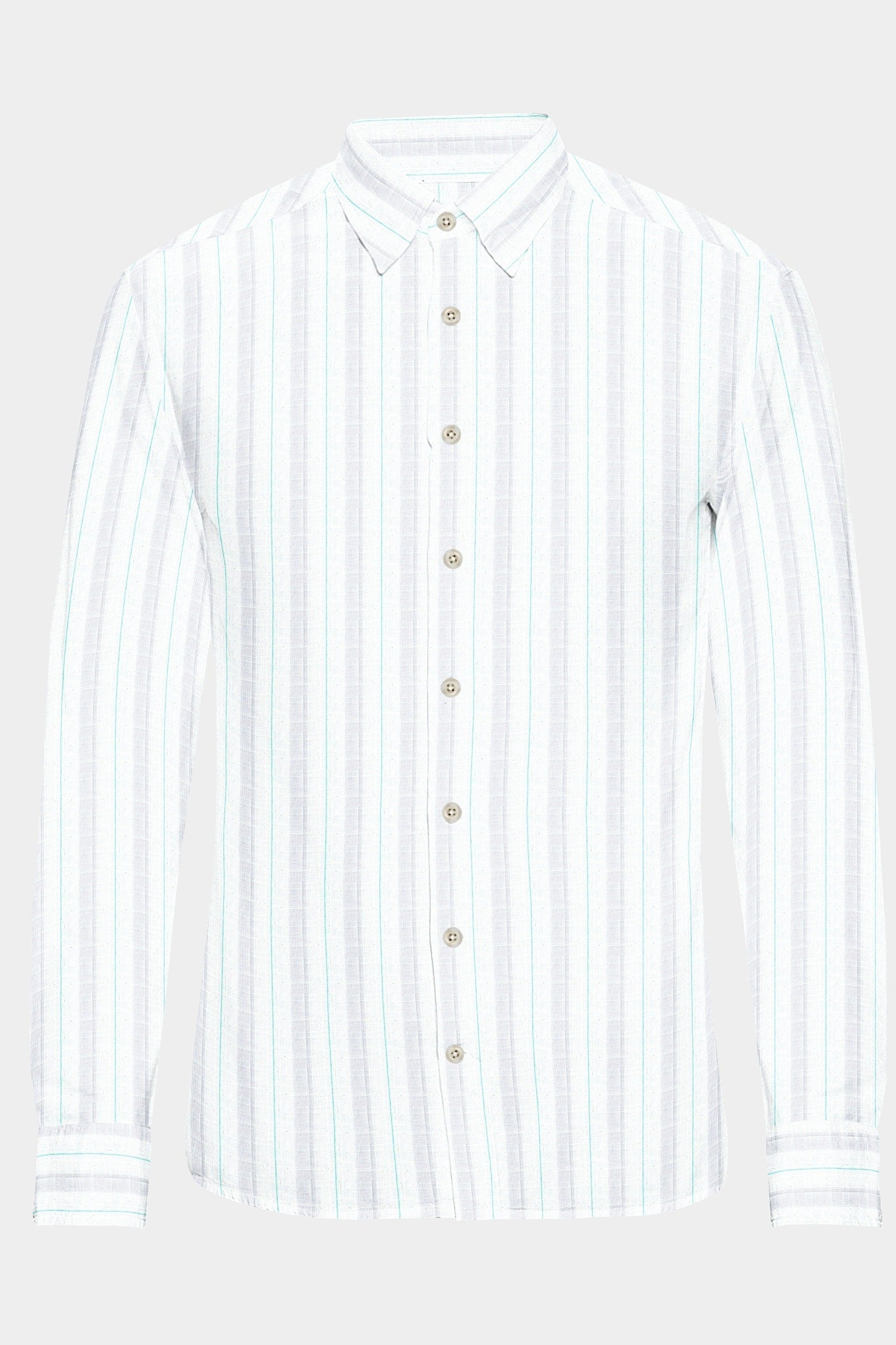 White with Turquoise and Grey Wide Stripes Linen Shirt