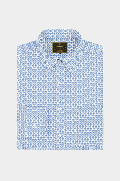 White and Denim Blue Seashell Pattern Printed Cotton Shirt