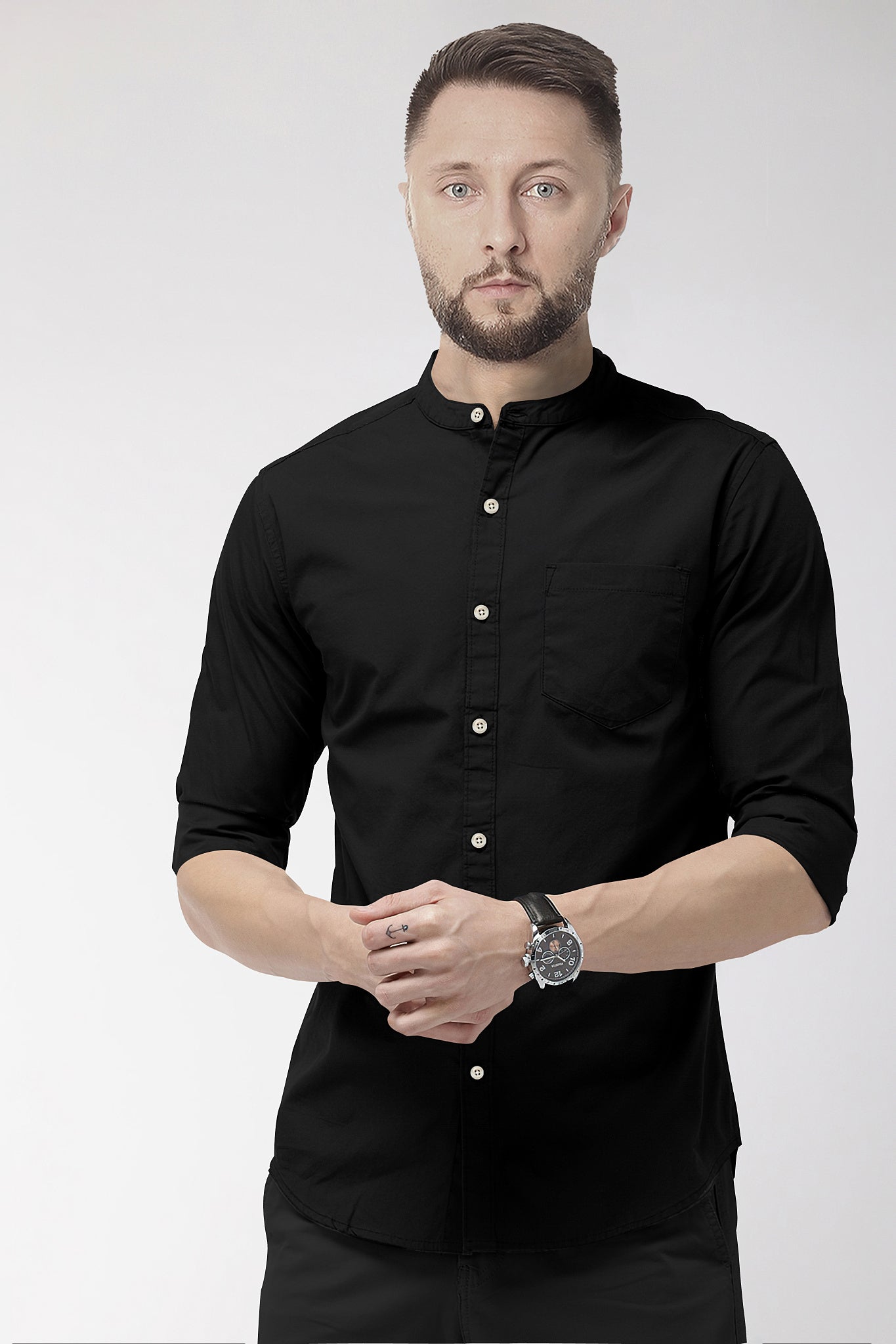 Coal Black Solid Plain Men's Cotton  Shirt