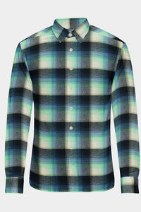 Black and White with Columbia Blue and Celeste Blue Plaid Light Organic Cotton Flannel Shirt