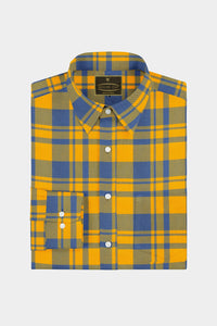 Amber Yellow and Neon Blue Plaid Cotton Shirt