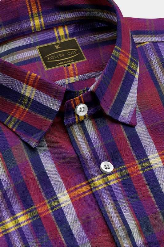 Electric Purple and Red with Royal Blue and Yellow Checked Cotton Shirt