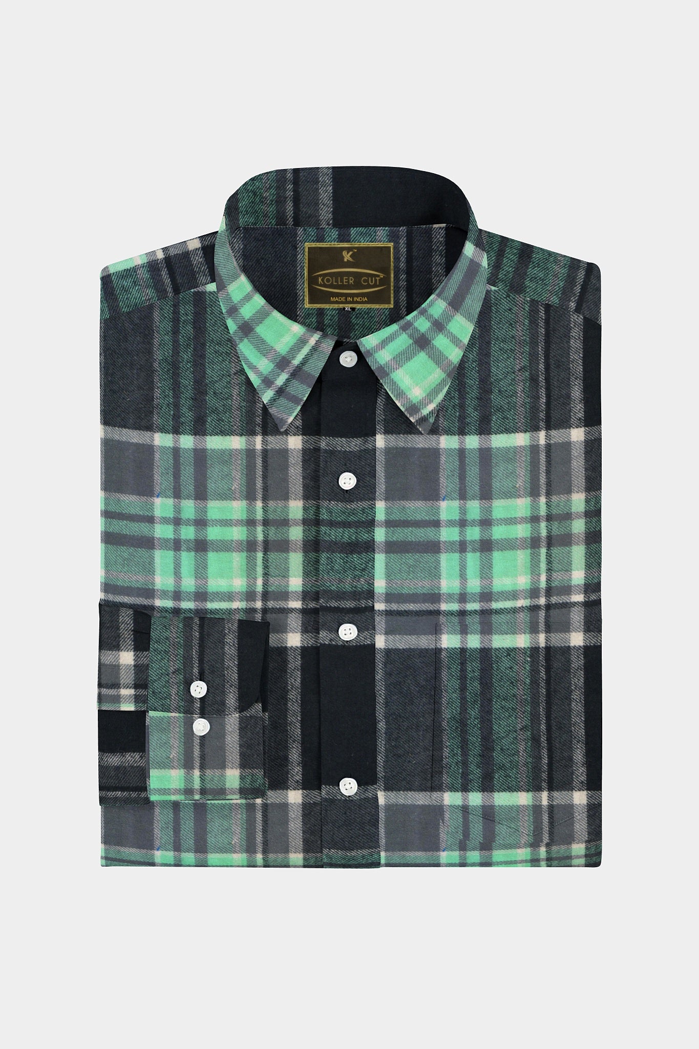 Black and Aqua Green Plaid Organic Cotton Flannel Shirt