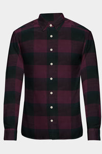 Aubergine Maroon and Black Twill Buffalo Checked Organic Cotton Flannel Shirt