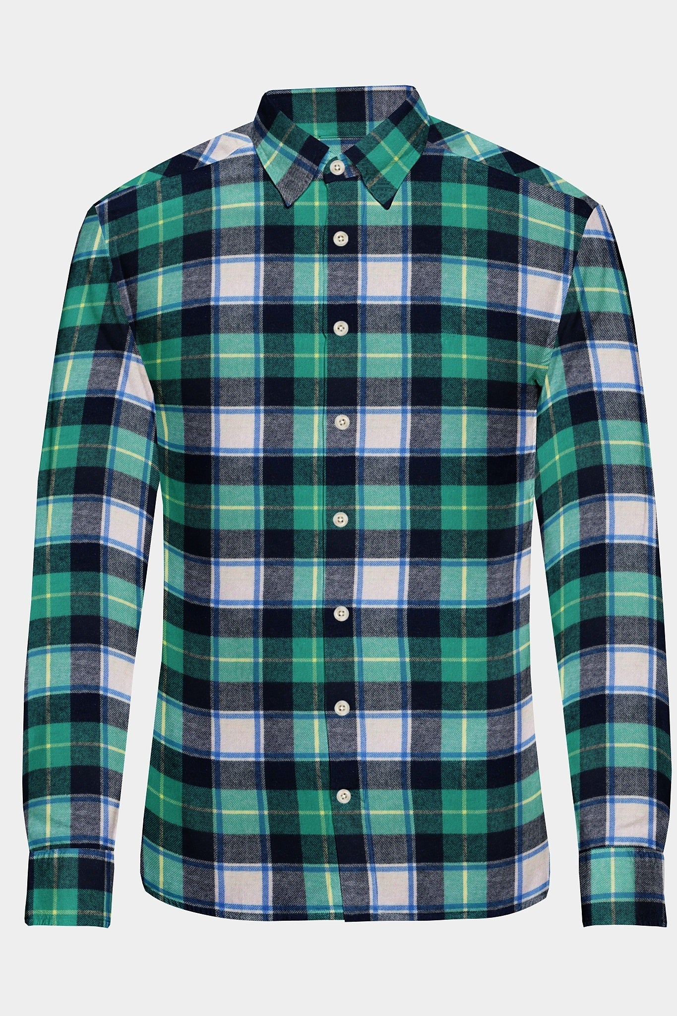 Turquoise Blue with Black and White Checked Organic Cotton Flannel Shirt