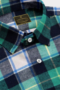 Turquoise Blue with Black and White Checked Organic Cotton Flannel Shirt