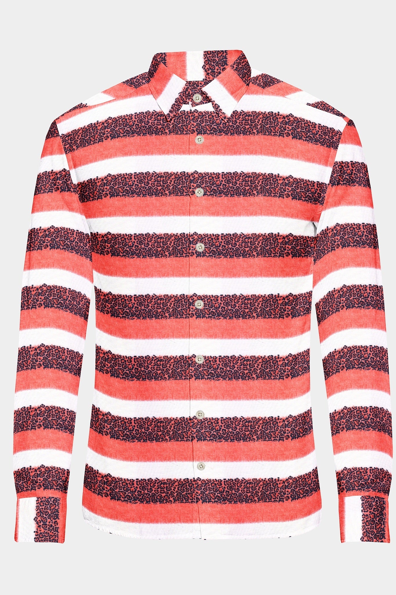 Persian Red and White Stripes Jaguar Pattern Printed Cotton Shirt