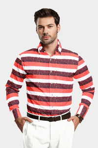 Persian Red and White Stripes Jaguar Pattern Printed Cotton Shirt