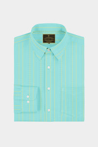 Turquoise Blue and Pineapple Yellow Wide Double Stripes Cotton Shirt