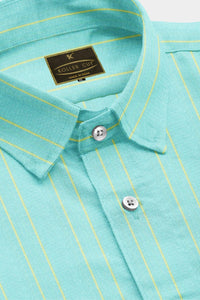 Turquoise Blue and Pineapple Yellow Wide Double Stripes Cotton Shirt