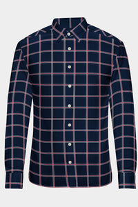 Metallic Blue with Scarlet Red and White Checks Cotton Shirt