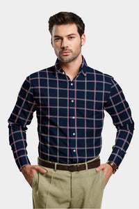 Metallic Blue with Scarlet Red and White Checks Cotton Shirt