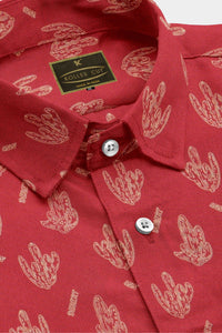 Coral Red and Corn Silk White Cactus Printed Cotton Shirt