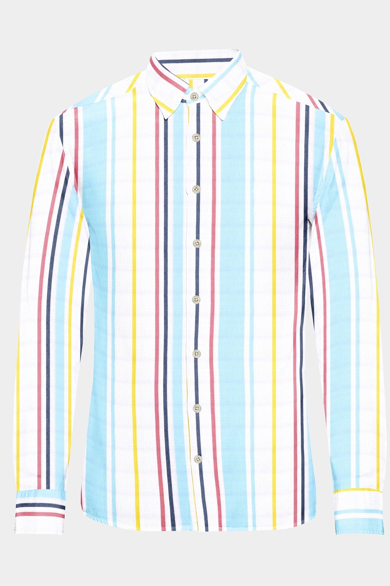 White and Arctic Blue with Red and Yellow Multicolored Stripes Cotton Linen Shirt