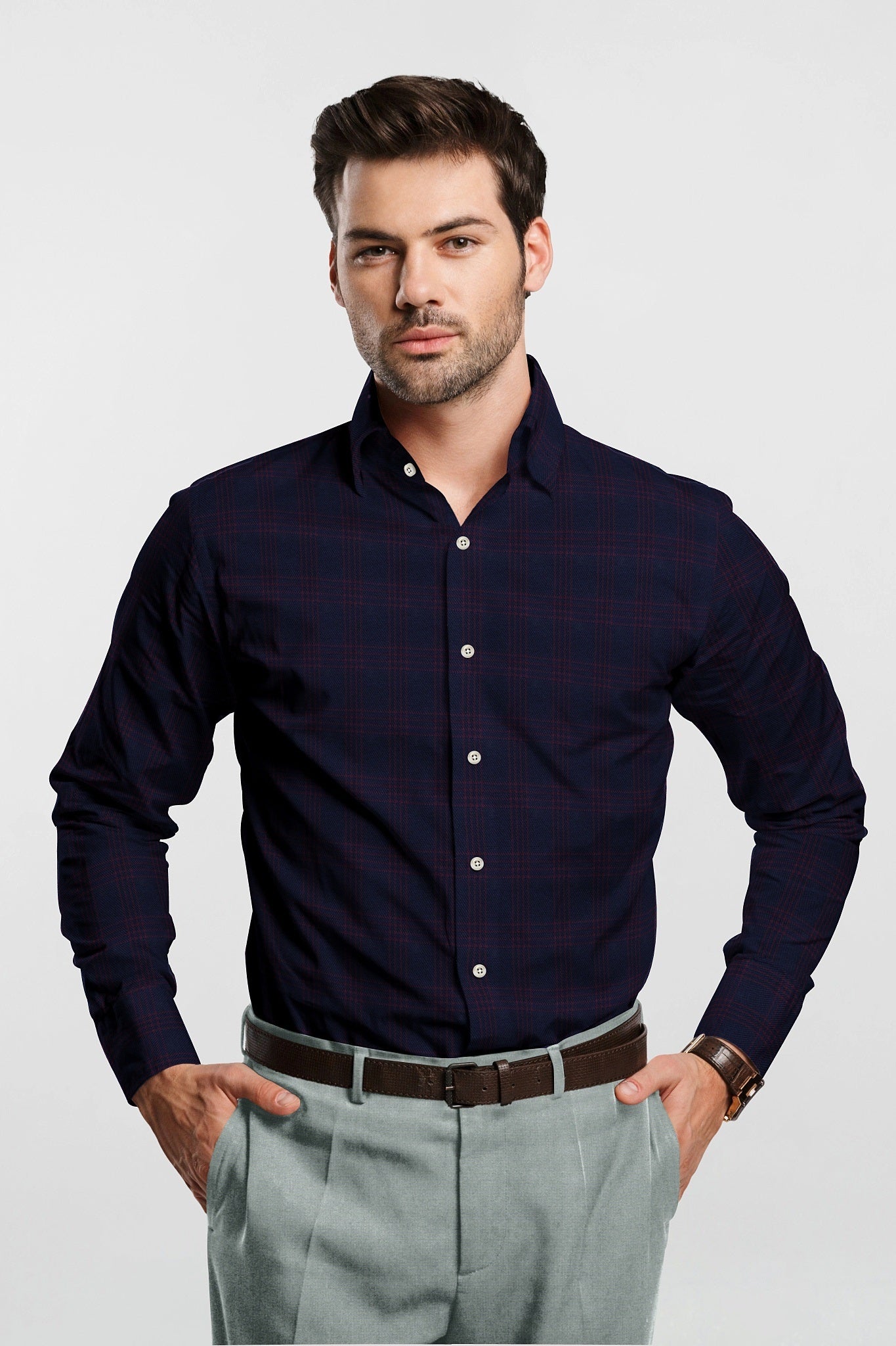 Midnight Blue with Berry Red Plaid Cotton Shirt