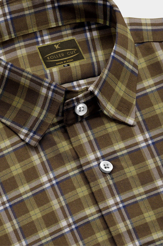 Coffee brown and Khaki with Sapphire Blue and White Checks  Cotton Shirt
