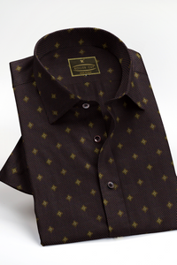 Black with Crater Brown Micro Dotted Golden Square Buti Pattern Printed Mens 100 % Cotton Shirt