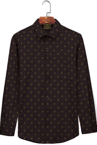 Black with Crater Brown Micro Dotted Golden Square Buti Pattern Printed Mens 100 % Cotton Shirt