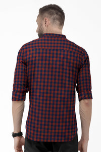 Navy with Maroon Mandarin Gingham Mens Cotton shirt