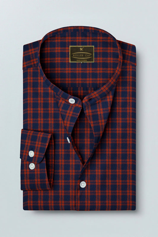 Navy with Maroon Mandarin Gingham Mens Cotton shirt