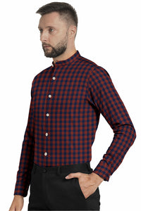 Navy with Maroon Mandarin Gingham Mens Cotton shirt