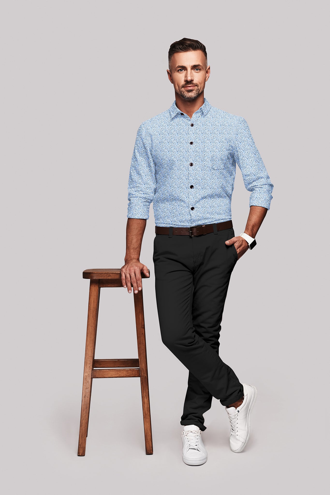 White with Navy and Sky Blue Lepord Printed Premium Giza Cotton Mens shirt