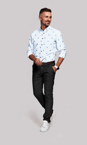 White with Chetwode Blue Pinstriped Denim Blue Buti Pattern Printed Men's Premium Cotton Shirt