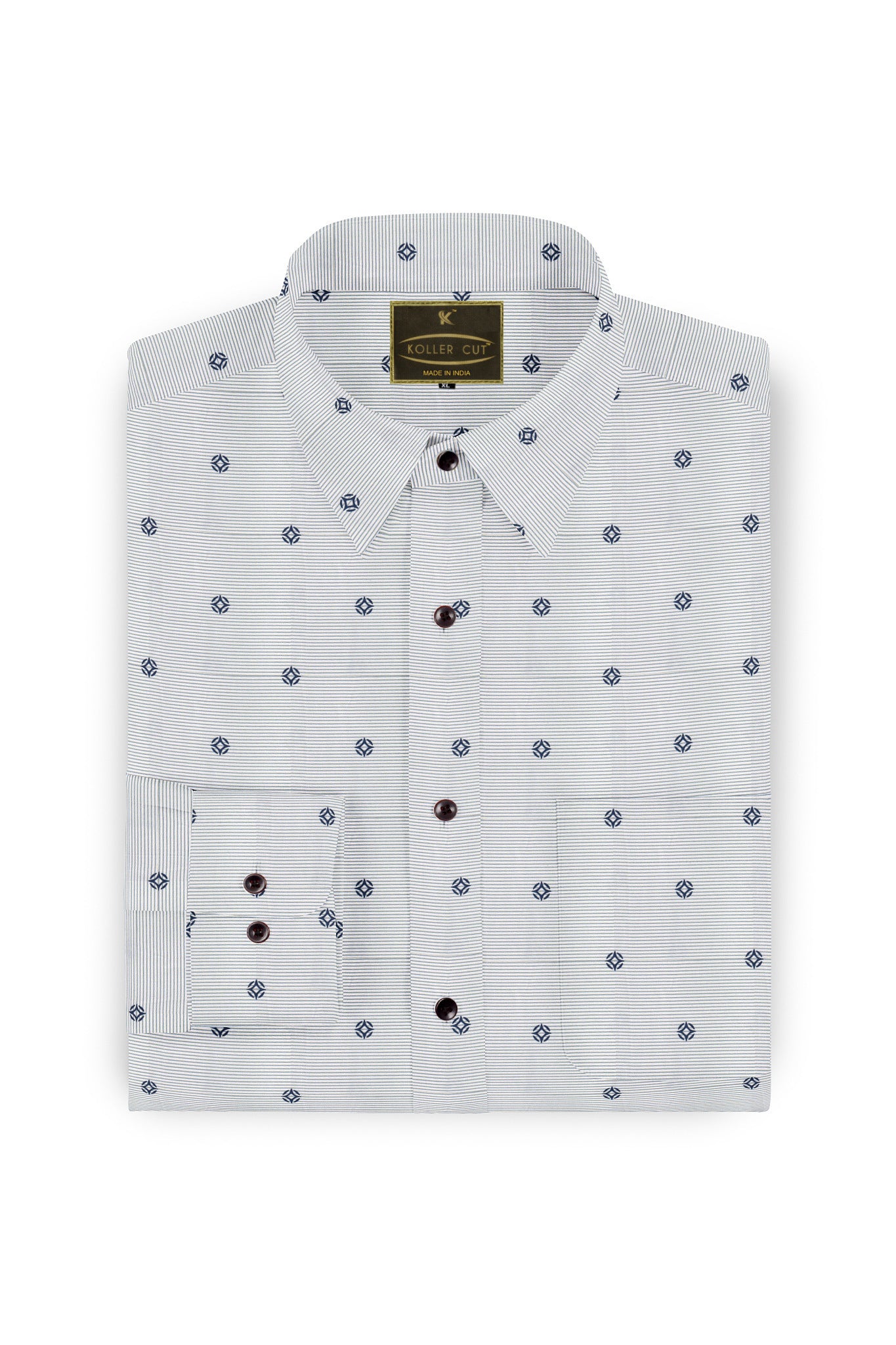 Quartz White with Olive Pinstriped Denim Blue Buti Patterned Printed Cotton Shirt