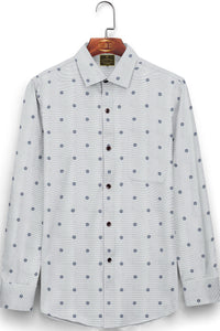 Quartz White with Olive Pinstriped Denim Blue Buti Patterned Printed Cotton Shirt