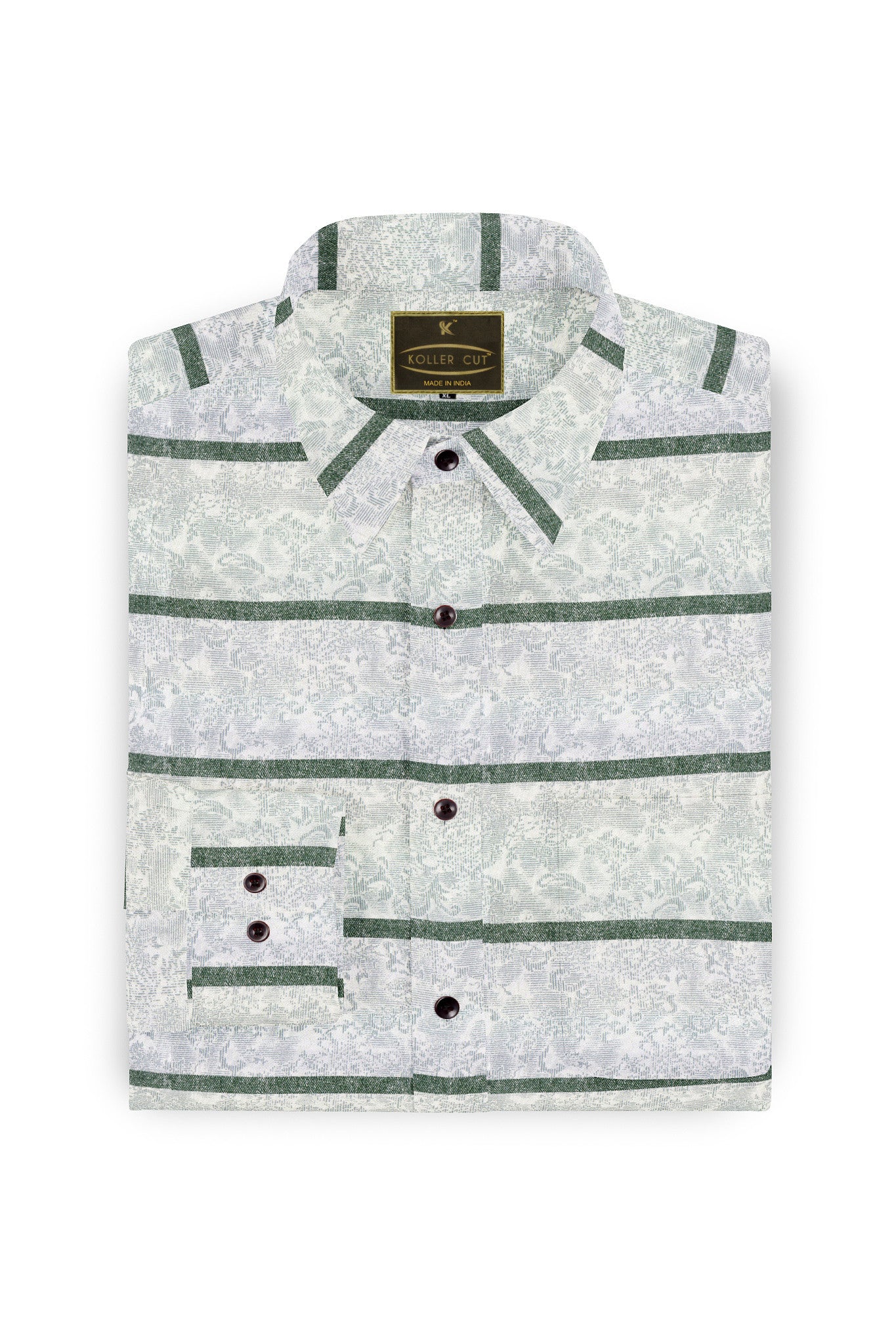 White with Como Green Stripes and Floral Printed Men's Giza Cotton Shirt