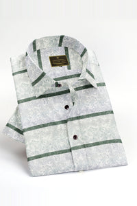 White with Como Green Stripes and Floral Printed Men's Giza Cotton Shirt