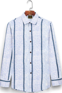 White with Denim Blue Stripes and Floral Printed Giza Cotton Shirt