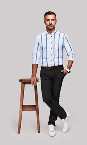 White with Denim Blue Stripes and Floral Printed Giza Cotton Shirt