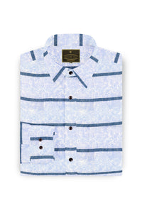 White with Denim Blue Stripes and Floral Printed Mens Giza Cotton Shirt