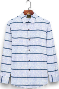 White with Denim Blue Stripes and Floral Printed Mens Giza Cotton Shirt