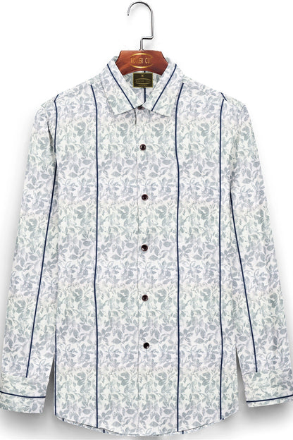 White with Royal Blue Stripes and Grey Floral Printed Giza Men's Cotton Shirt