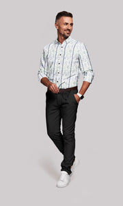 White with Royal Blue Stripes and Grey Floral Printed Giza Men's Cotton Shirt