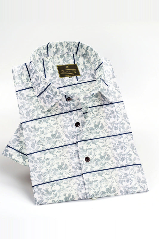 White with Royal Blue Stripes and Grey Floral Printed Giza Cotton Shirt