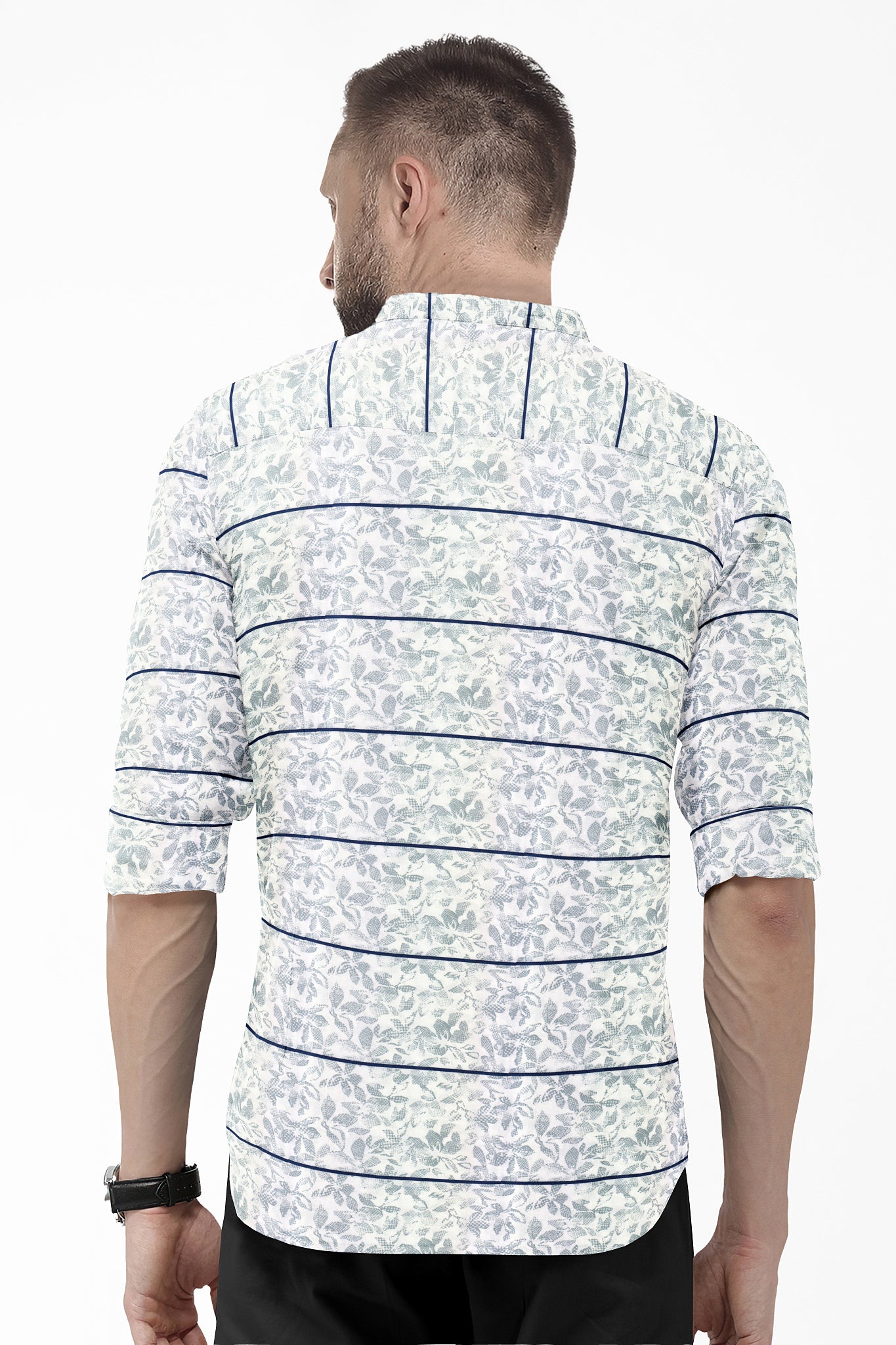 White with Royal Blue Stripes and Grey Floral Printed Giza Cotton Shirt