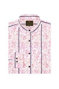 White with Royal Blue Stripes and Rose Pink Floral Printed Cotton Shirt