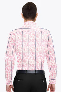 White with Royal Blue Stripes and Rose Pink Floral Printed Cotton Shirt