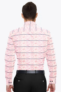 White with Royal Blue Stripes and Rose Pink Floral Printed Men's Cotton Shirt