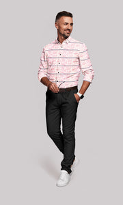 White with Royal Blue Stripes and Rose Pink Floral Printed Men's Cotton Shirt